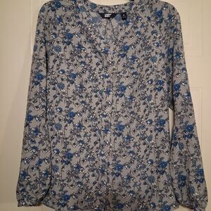 Chase Floral Blue and Gray Buttoned Women's Top